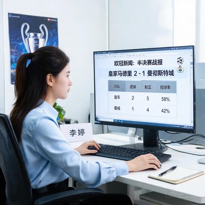 编辑李婷在电脑前编辑欧冠新闻和比赛数据